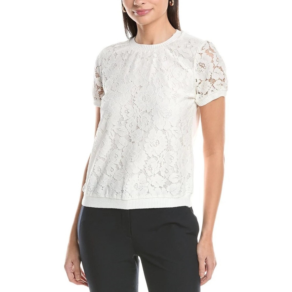 Tahari ASL Women's Lace-Front Short-Sleeve Sweater Ivory Size Medium